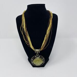 Multilayered Beaded Statement Necklace with Large Pendant Yellow Brown Green